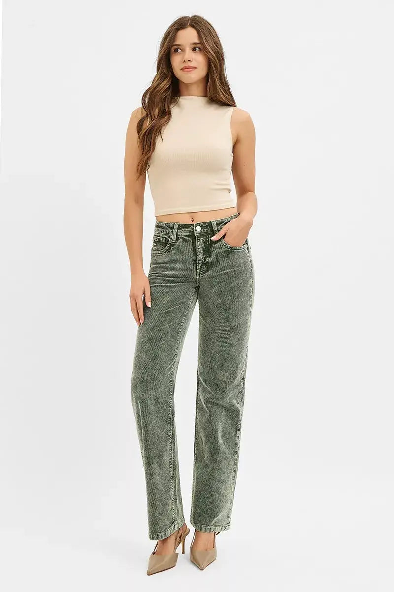 RISEN Tummy Control Mid Rise Straight Leg Corduroy Pants - Trendsi - Flyclothing LLC