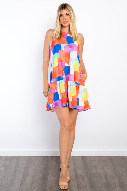 Be Stage Abstract Print Ruffle Hem Mini Dress with Pockets - Trendsi