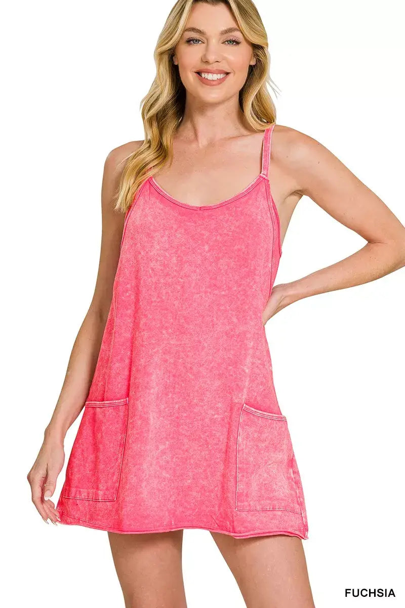 Zenana Acid Washed Mini Dress With Built-in Romper Liner - Trendsi - Flyclothing LLC