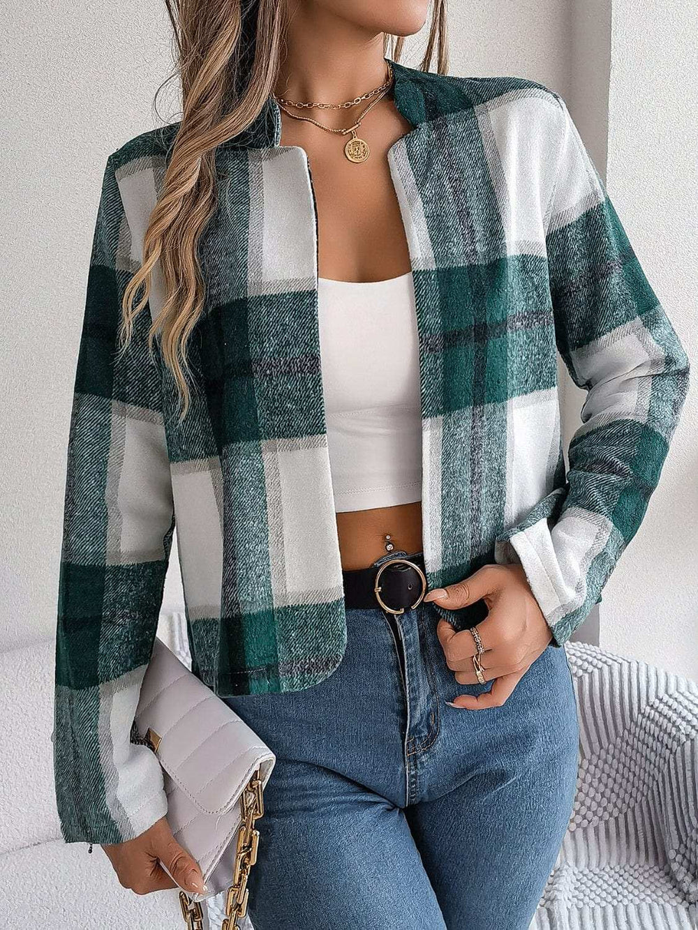 Plaid Open Front Long Sleeve Jacket - Trendsi - Flyclothing LLC