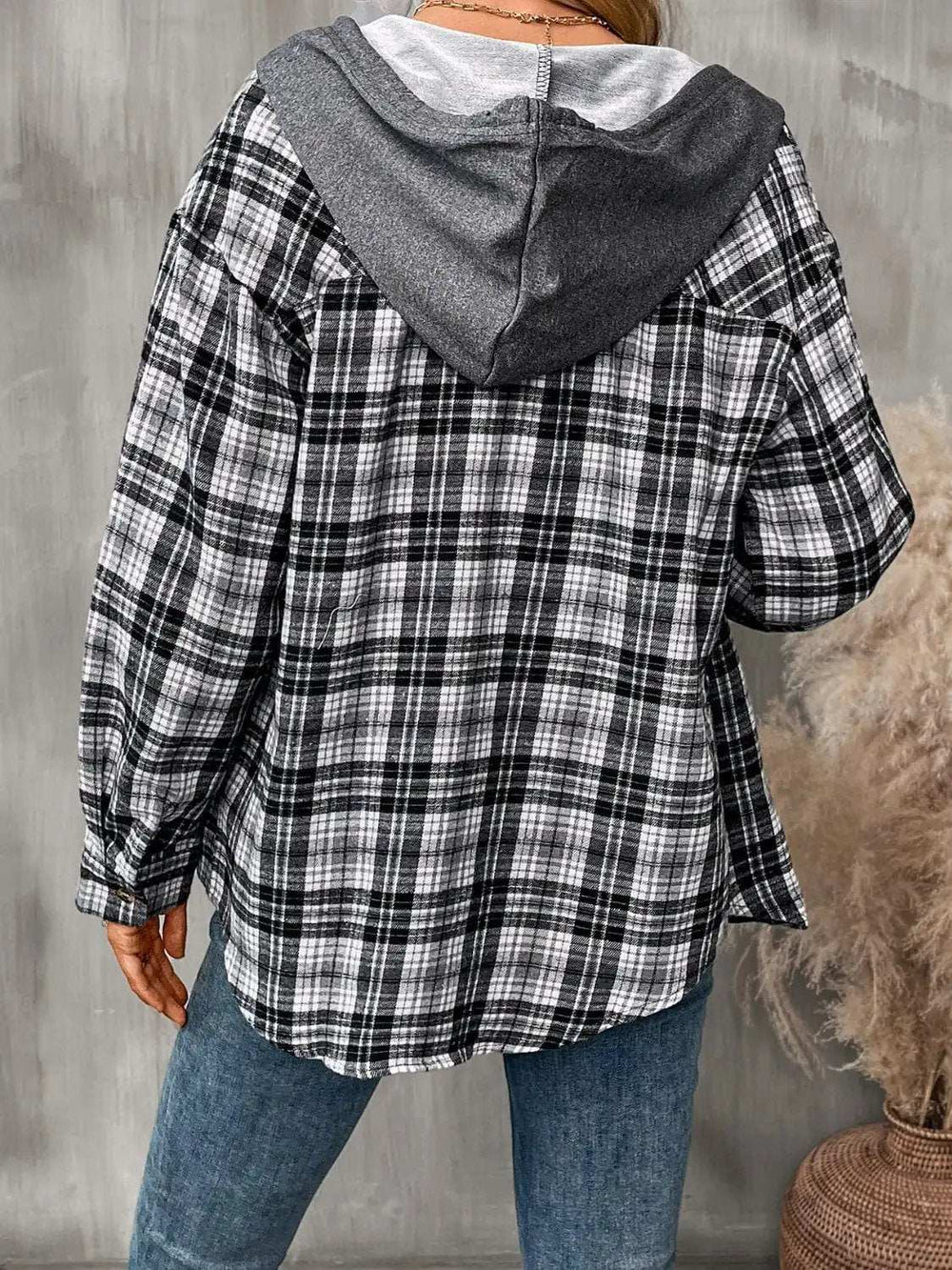 Plaid Long Sleeve Hooded Jacket - Trendsi - Flyclothing LLC