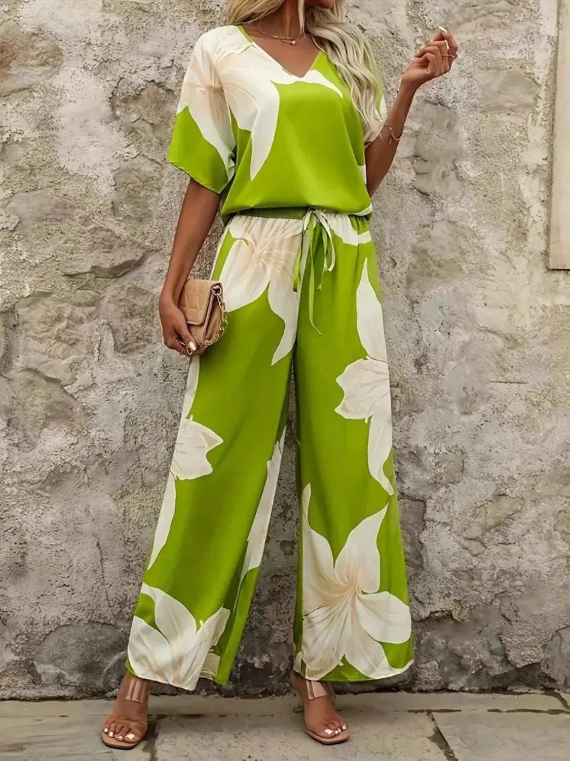 Printed V-Neck Top and Wide Leg Pants Set - Trendsi - Flyclothing LLC
