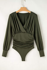 Ruched Surplice Long Sleeve Bodysuit - Trendsi - Flyclothing LLC