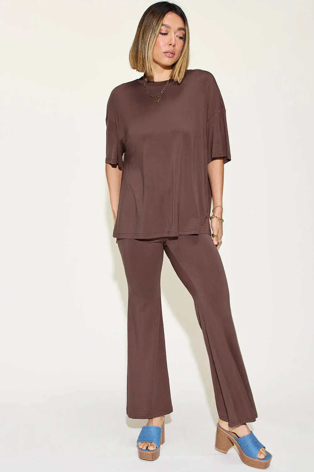 Basic Bae Full Size Bamboo Drop Shoulder T-Shirt and Flare Pants Set - ShopBasicbae - Flyclothing LLC