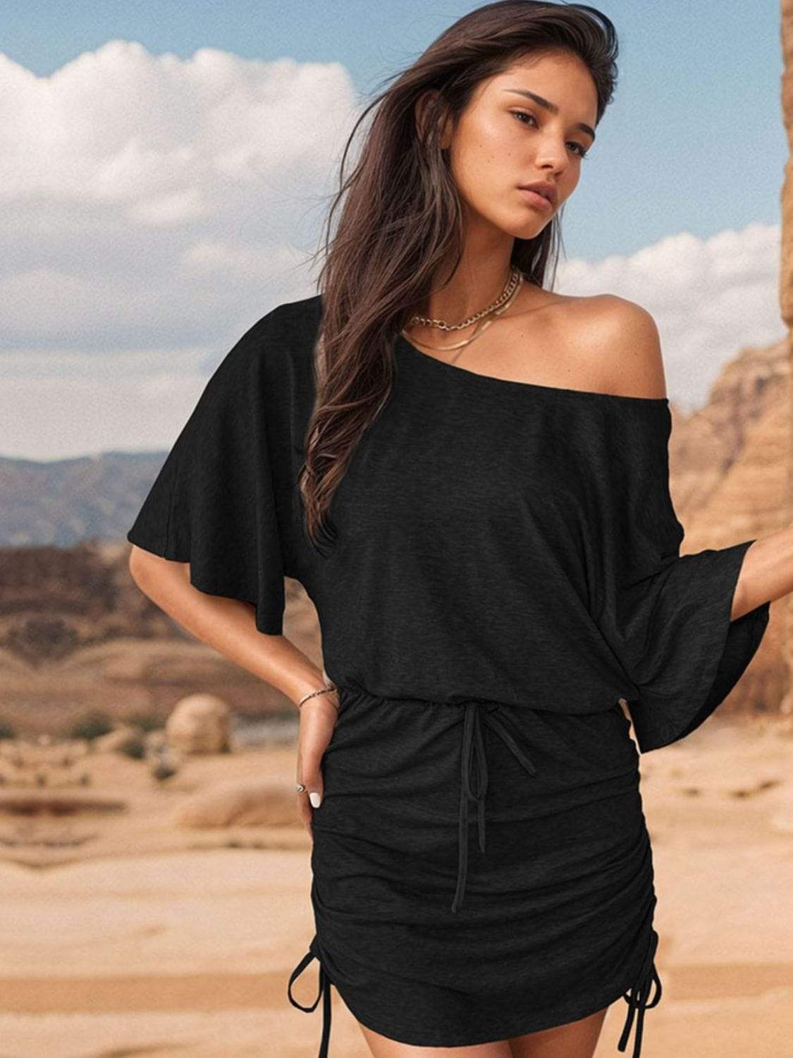 Drawstring One Shoulder Three-Quarter Sleeve Mini Dress - Trendsi - Flyclothing LLC