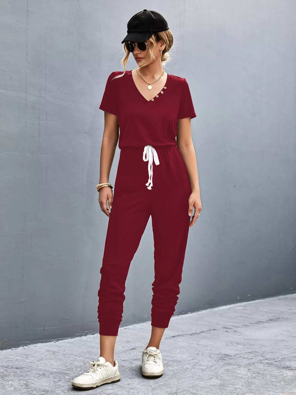 Casual V-Neck Short Sleeve Drawstring Waist Jumpsuit - Trendsi - Flyclothing LLC