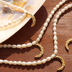 Pearl Titanium Steel Moon Shape Pendant Necklace - Trendsi