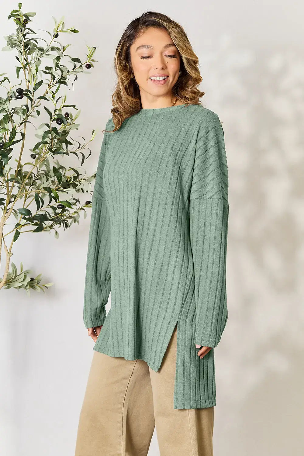Basic Bae Full Size Ribbed Round Neck Long Sleeve Slit Top - ShopBasicbae - Flyclothing LLC