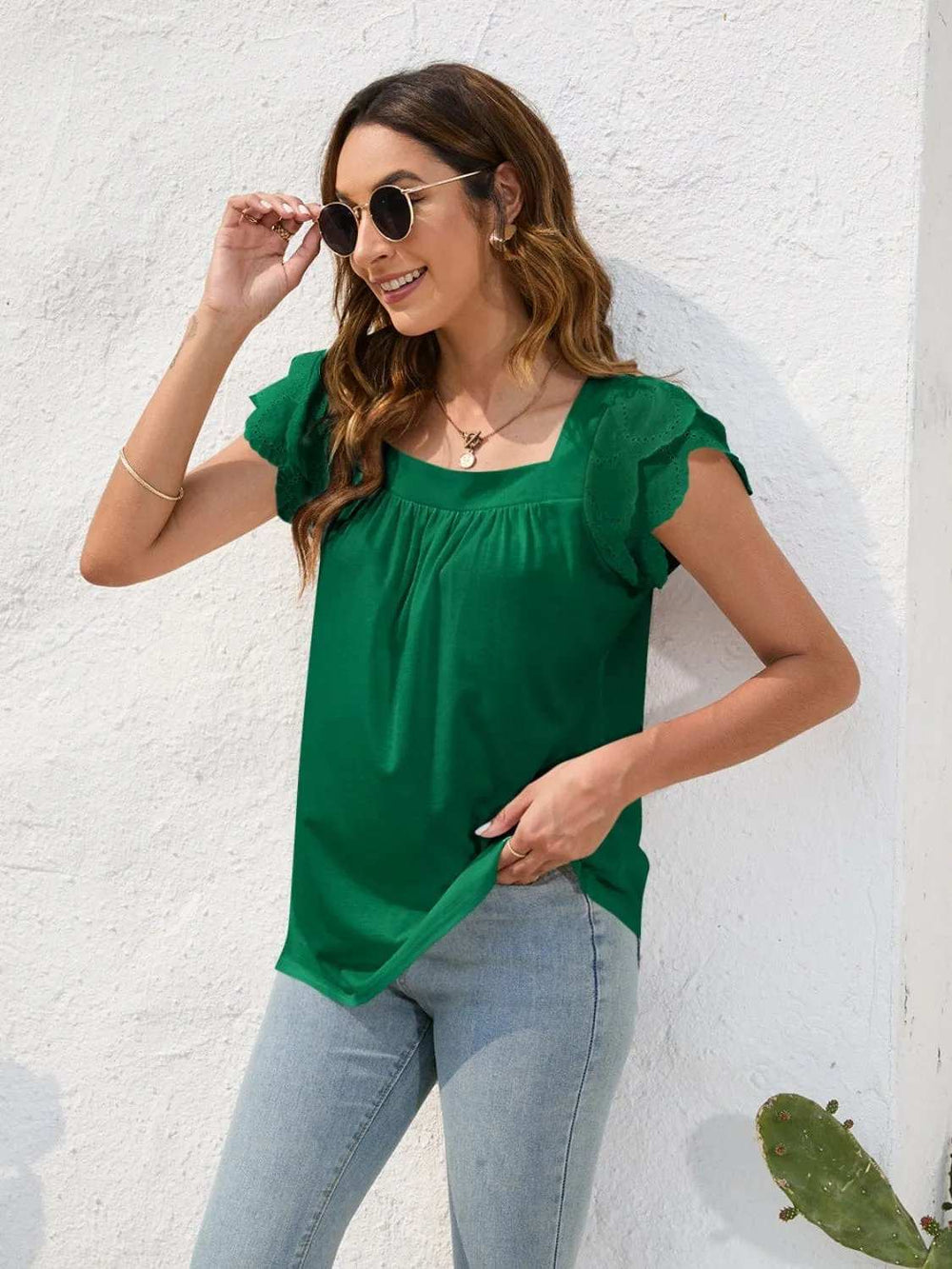 Ruffled Square Neck Cap Sleeve Blouse - Trendsi - Flyclothing LLC
