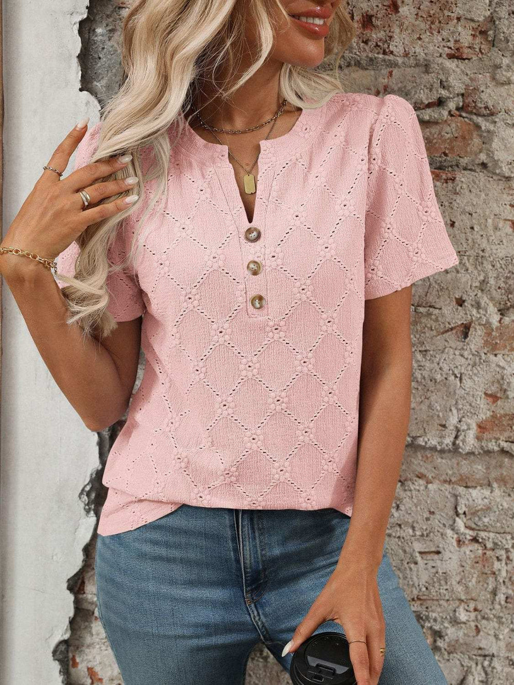 Eyelet Notched Short Sleeve Top - Trendsi - Flyclothing LLC