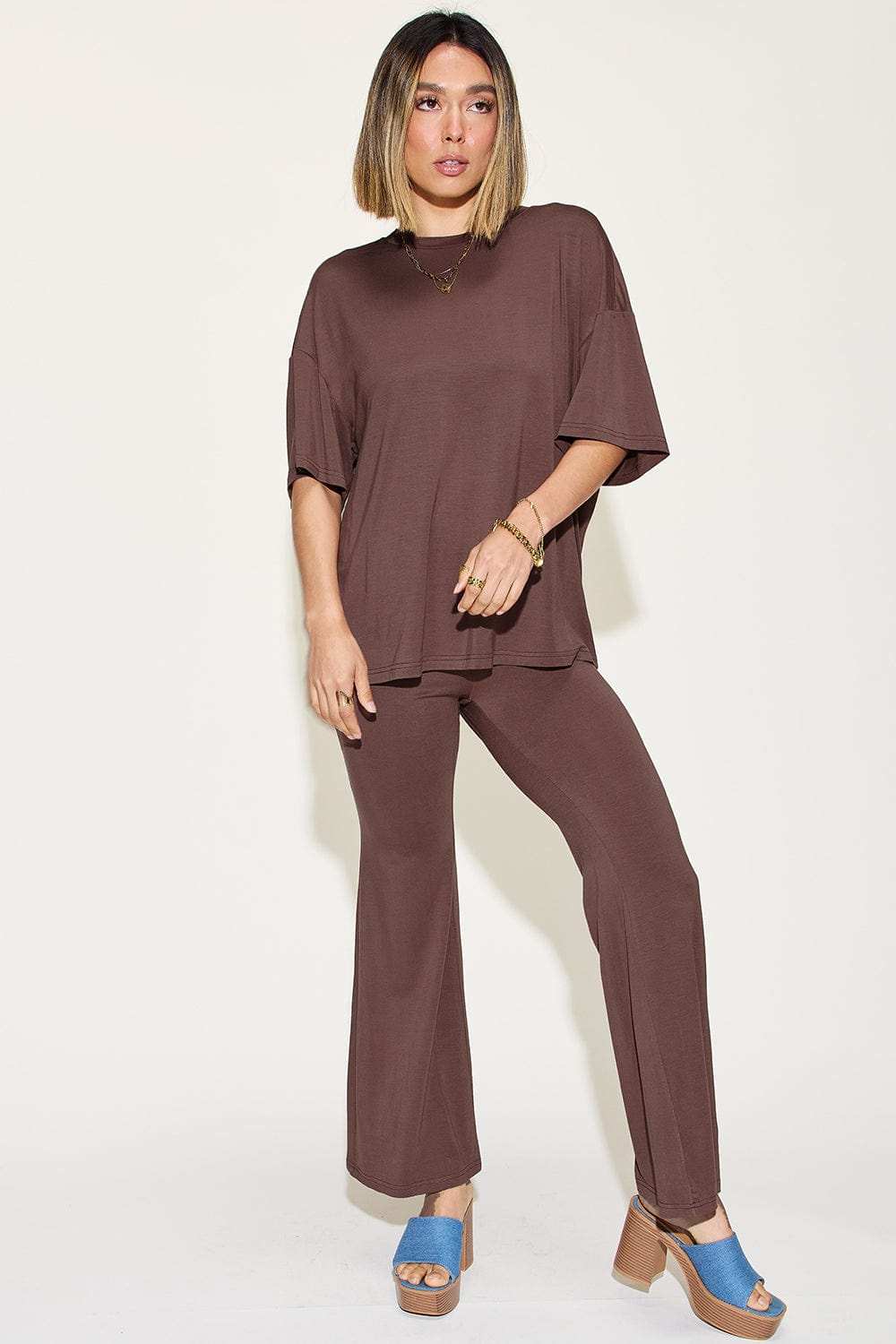 Basic Bae Full Size Bamboo Drop Shoulder T-Shirt and Flare Pants Set - Trendsi - Flyclothing LLC
