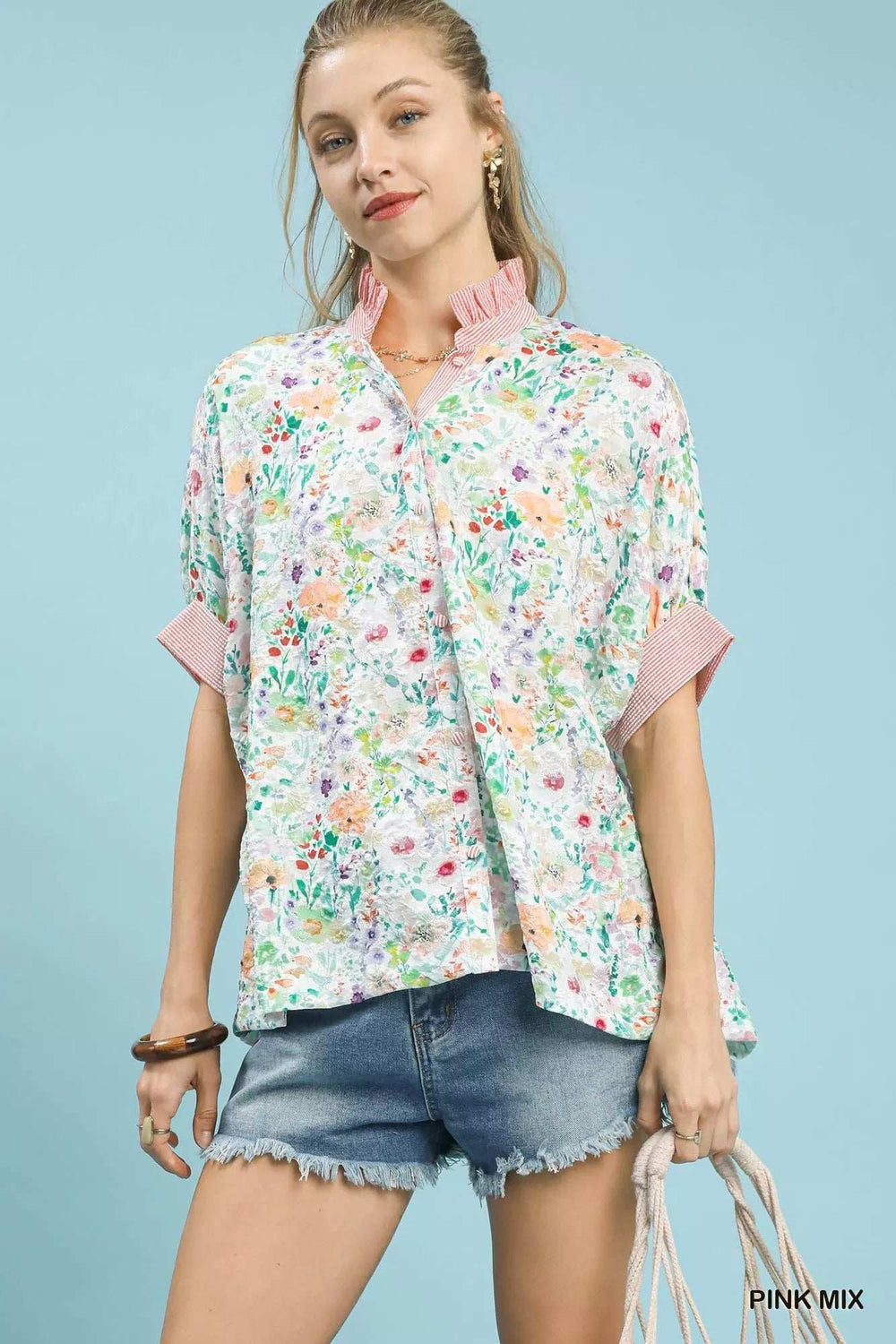 Umgee Jacquard Floral Print Button-Down Shirt - Trendsi - Flyclothing LLC