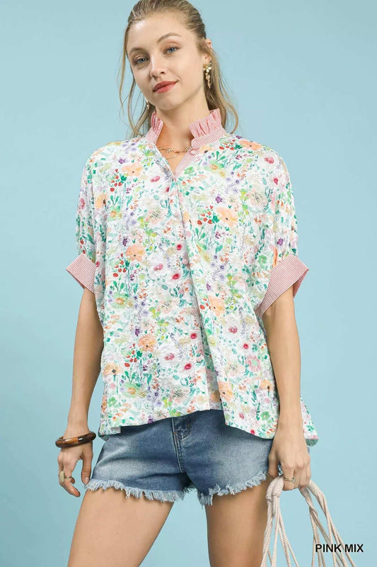 Umgee Jacquard Floral Print Button-Down Shirt - Trendsi - Flyclothing LLC