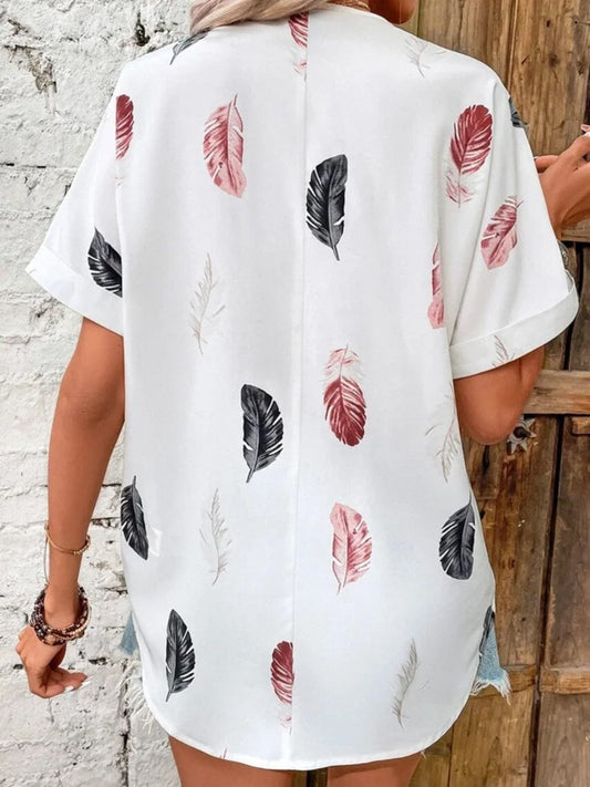 Full Size Printed Collared Neck Short Sleeve Blouse - Trendsi