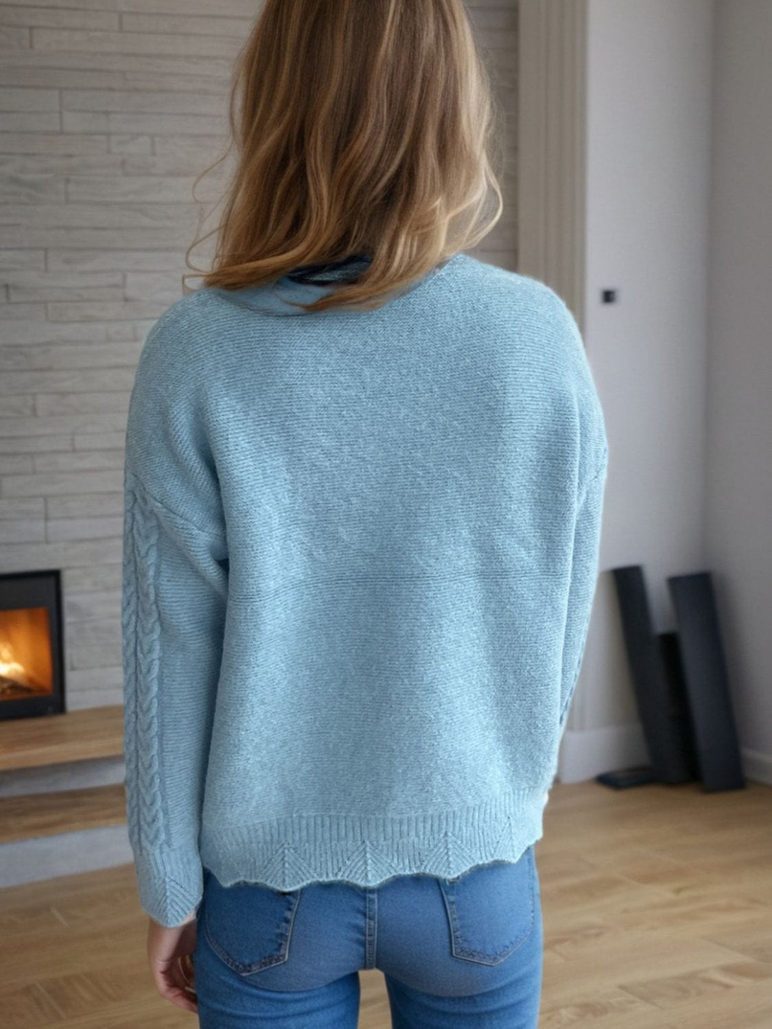 Cable-Knit Mock Neck Dropped Shoulder Sweater - Trendsi