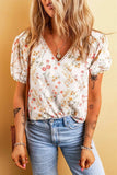 Printed V-Neck Puff Sleeve Blouse - Trendsi - Flyclothing LLC