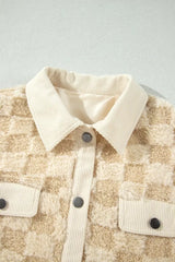 Plush Checkered Corduroy Trim Metal Button Long Sleeve Shift Silhouette Shacket - Trendsi - Flyclothing LLC