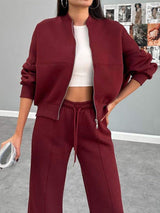 Baseball Collar Zip Up Outerwear and Drawstring Pants Set - Trendsi - Flyclothing LLC