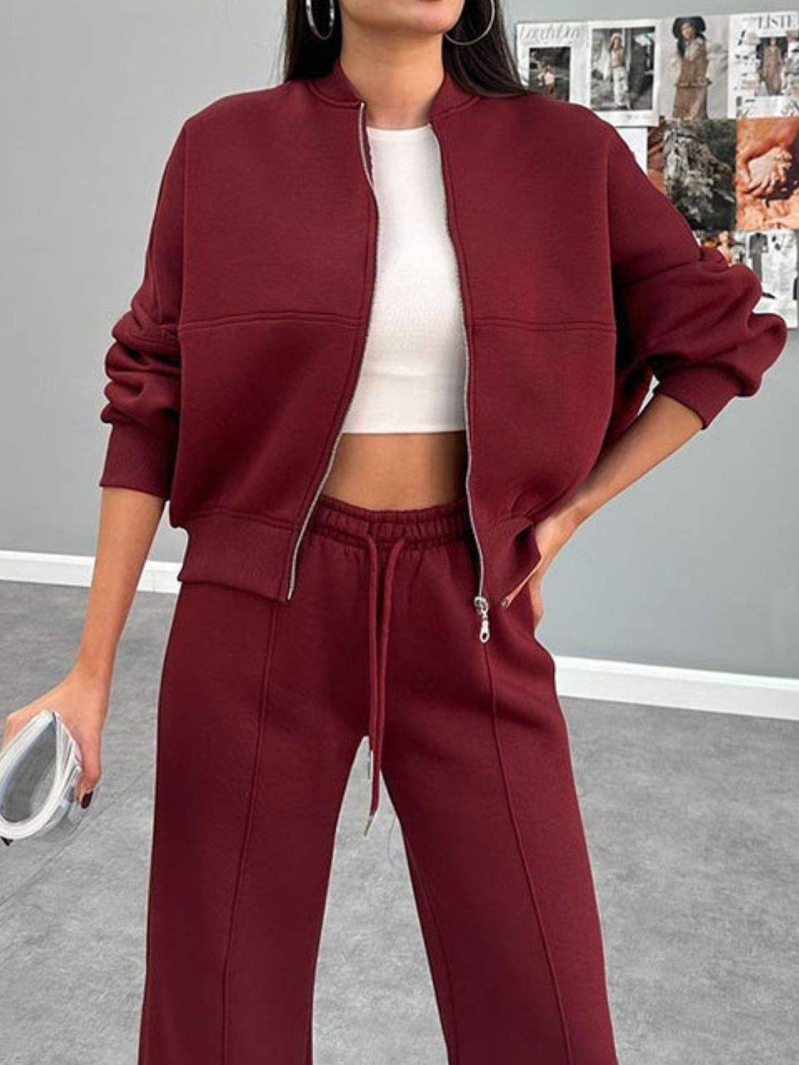 Baseball Collar Zip Up Outerwear and Drawstring Pants Set - Trendsi - Flyclothing LLC