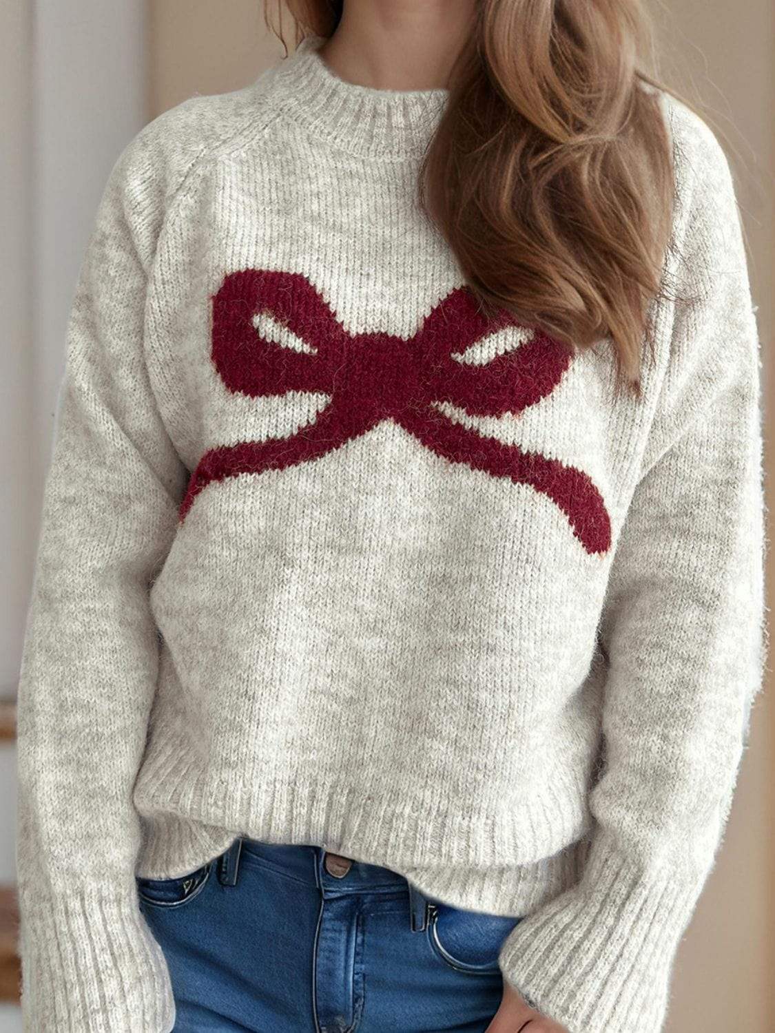 Bow Round Neck Long Sleeve Sweater - Trendsi - Flyclothing LLC