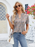 Ruched Printed Notched Short Sleeve Blouse - Trendsi