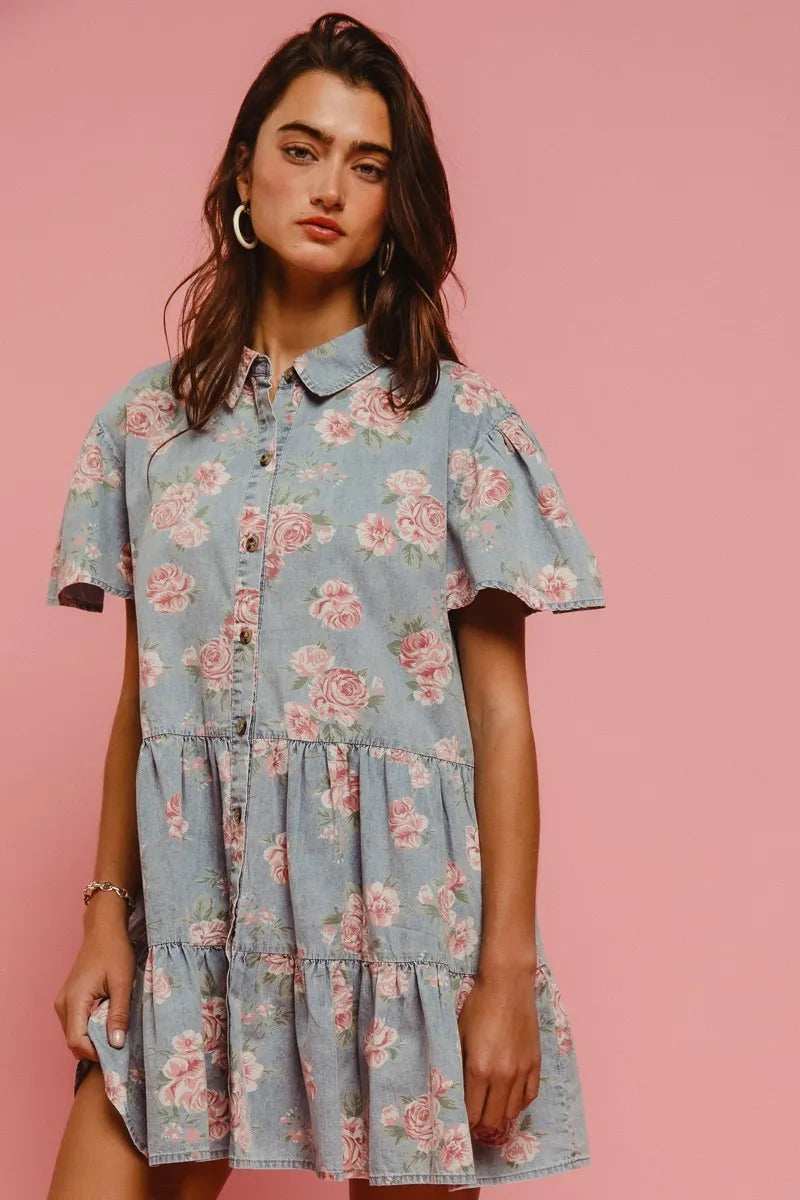 BiBi Floral Print Washed Lightweight Tiered Shirt Dress - Trendsi - Flyclothing LLC