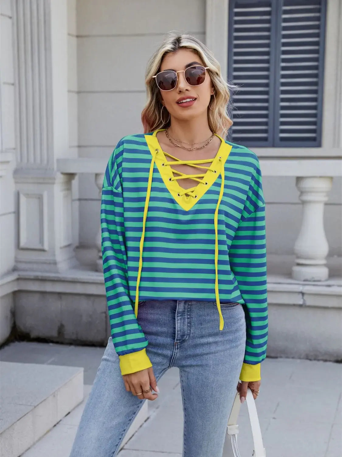 Lace-Up Striped Long Sleeve T-Shirt - Trendsi - Flyclothing LLC