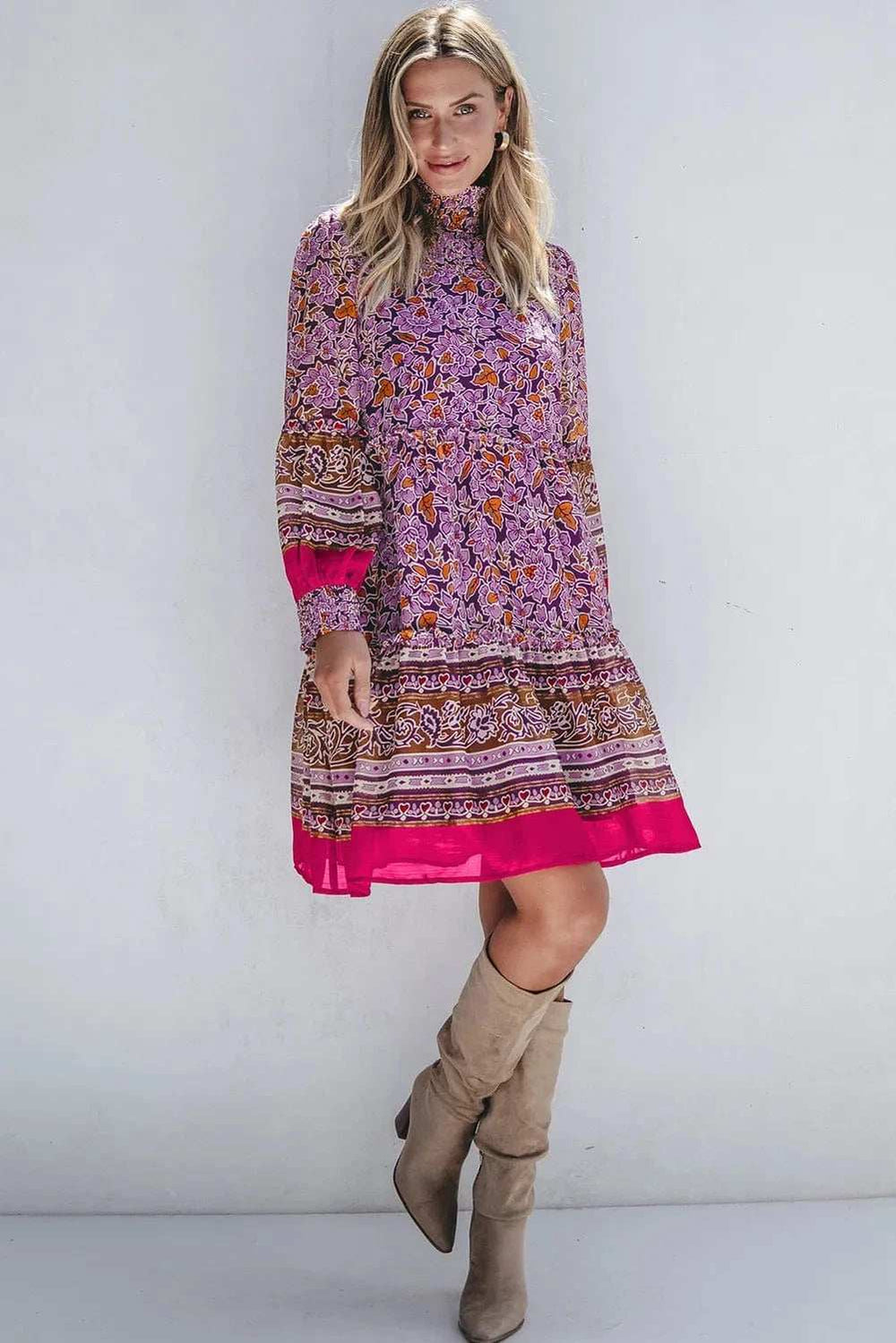 Smocked Floral Turtleneck Long Sleeve Dress - Trendsi - Flyclothing LLC