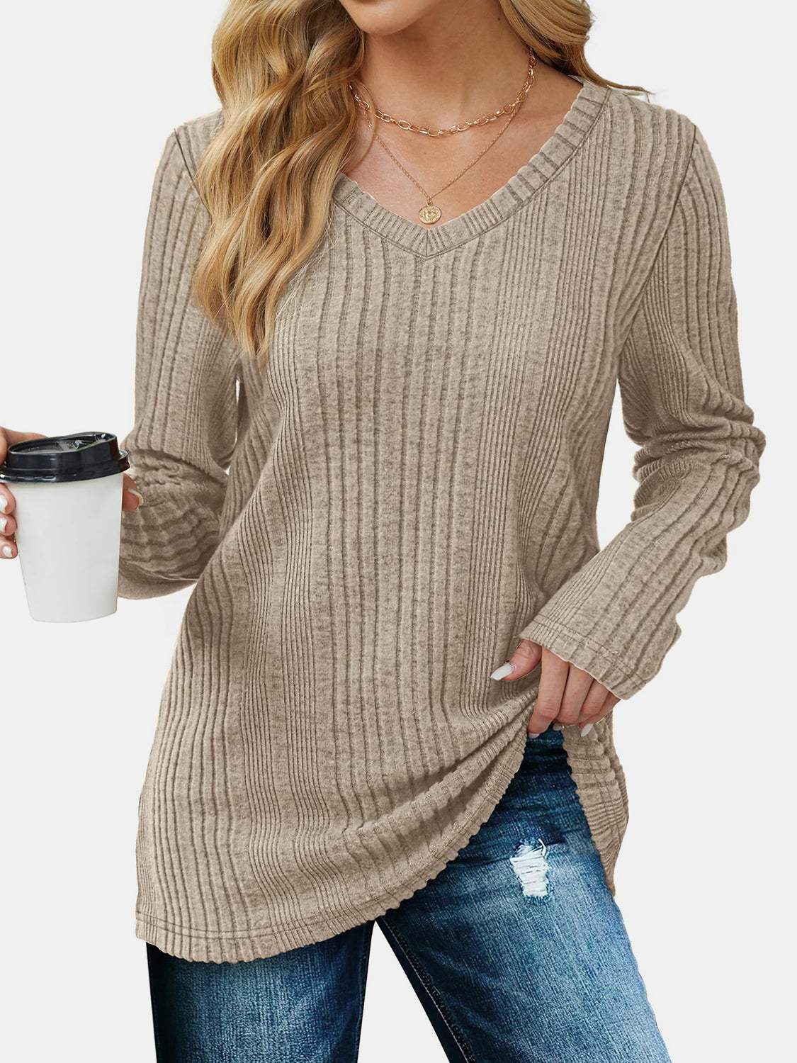 V-Neck Long Sleeve T-Shirt - Trendsi - Flyclothing LLC