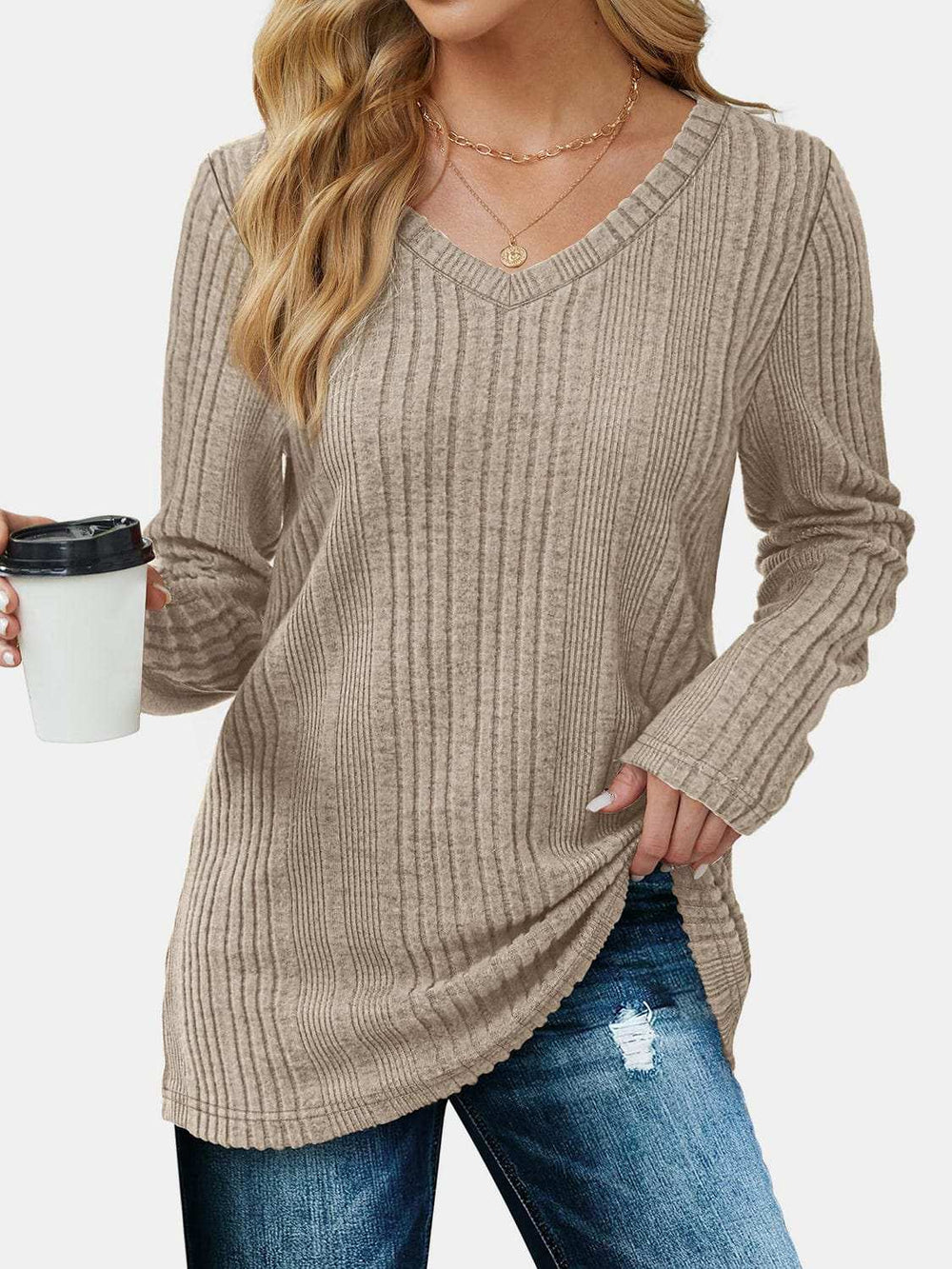 V-Neck Long Sleeve T-Shirt - Trendsi - Flyclothing LLC
