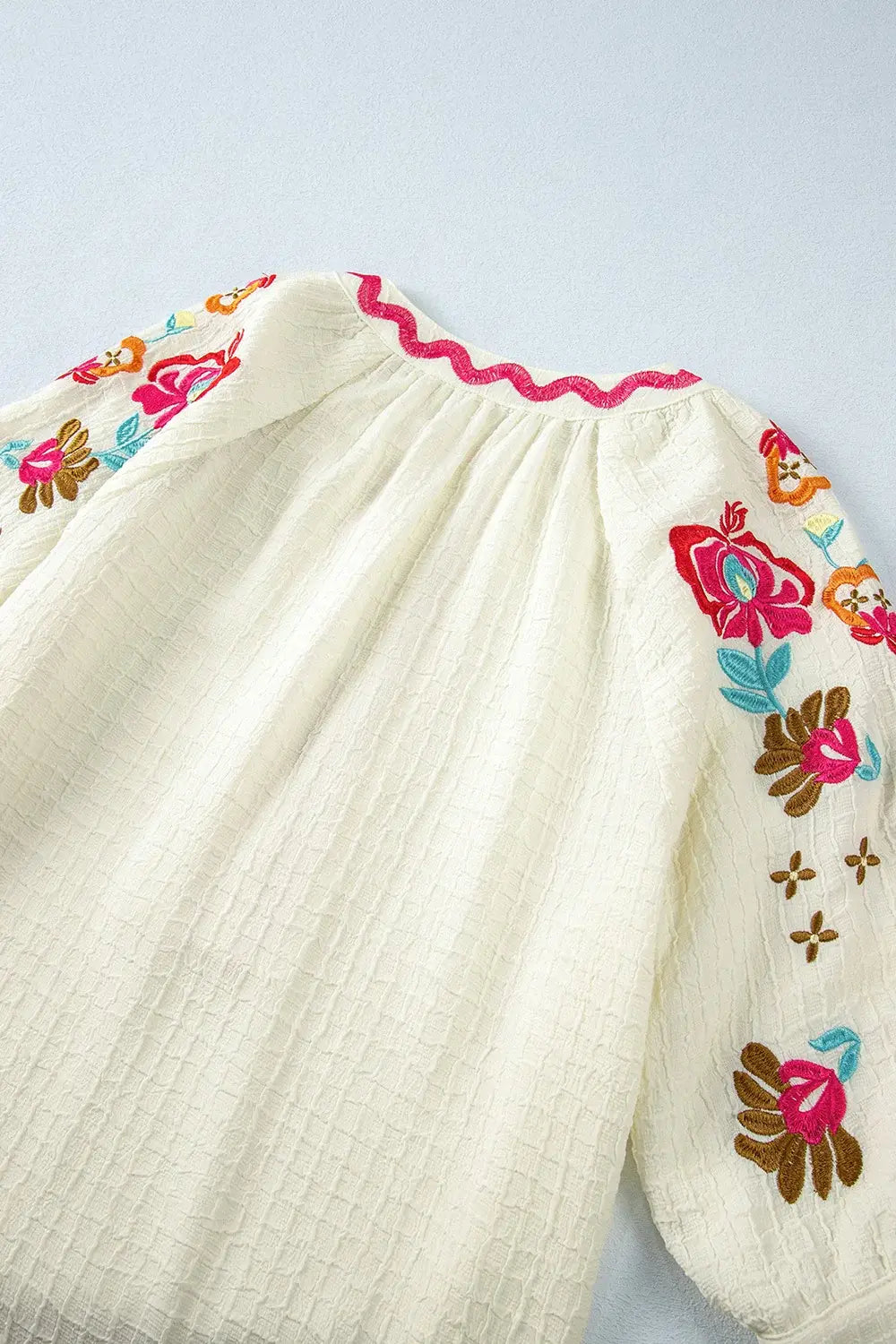 Floral Embroidered Notched Puff Sleeve Blouse - Trendsi - Flyclothing LLC