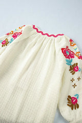 Floral Embroidered Notched Puff Sleeve Blouse - Trendsi - Flyclothing LLC