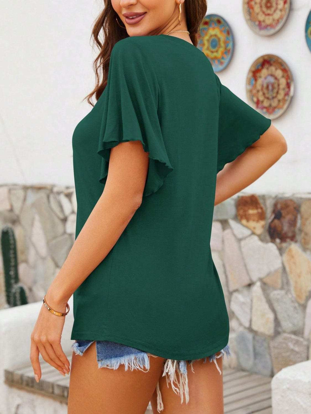 V-Neck Flutter Sleeve T-Shirt - Trendsi - Flyclothing LLC