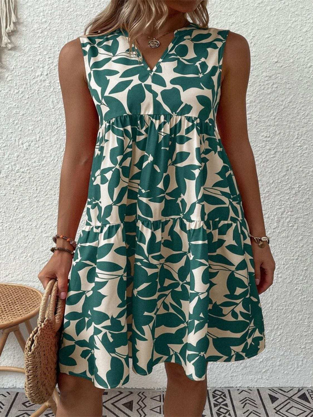 Printed Notched Sleeveless Mini Dress - Trendsi - Flyclothing LLC