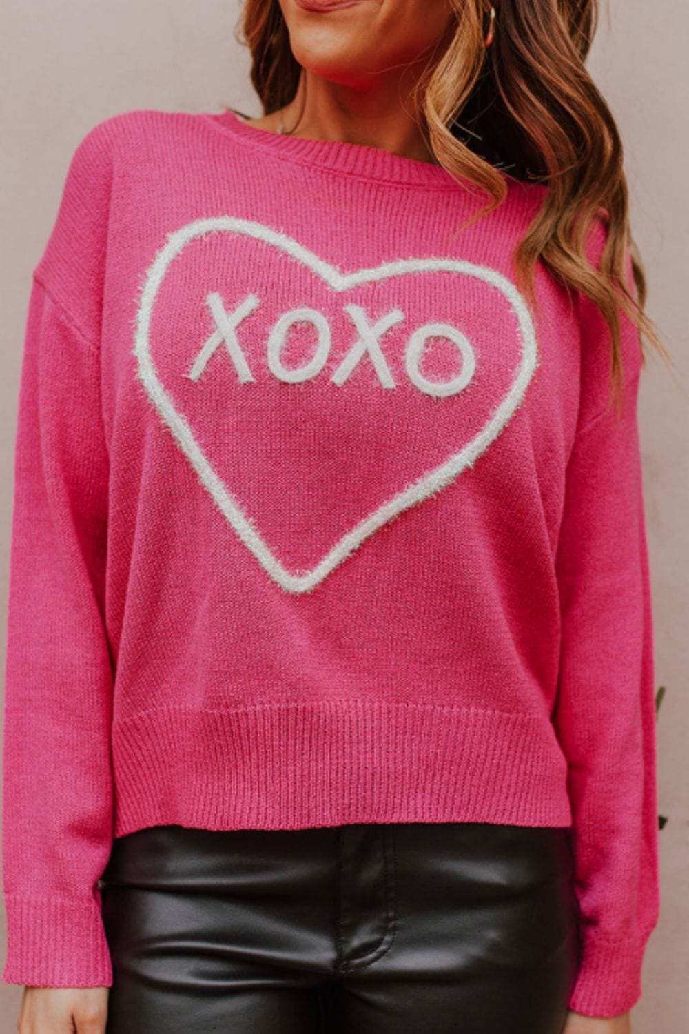 XOXO Round Neck Drop Shoulder Sweater - Trendsi - Flyclothing LLC