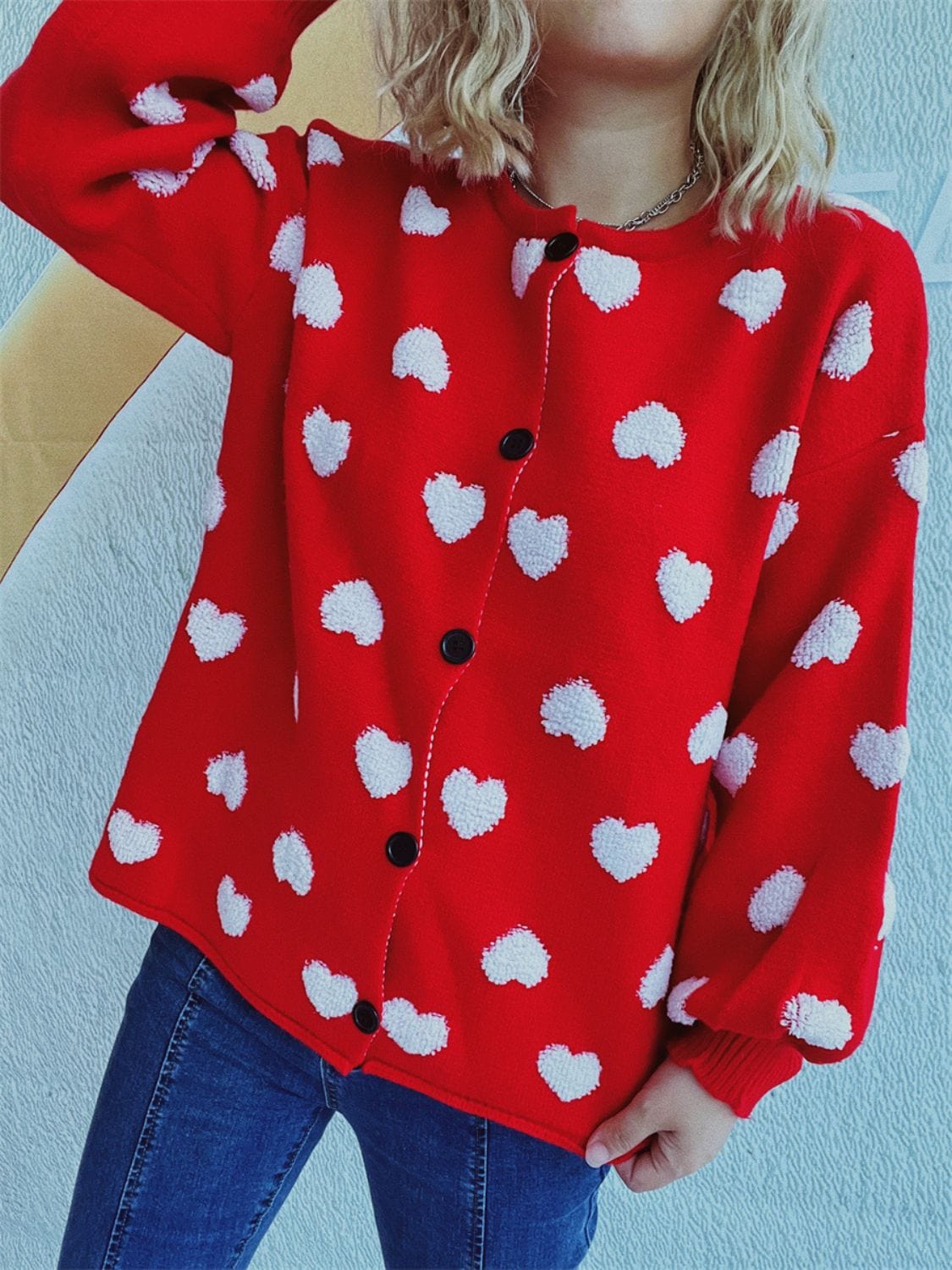 Heart Button Up Long Sleeve Cardigan - Trendsi