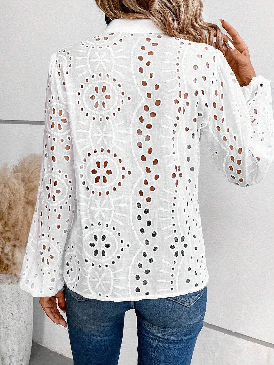 Cutout Notched Long Sleeve Blouse - Trendsi - Flyclothing LLC