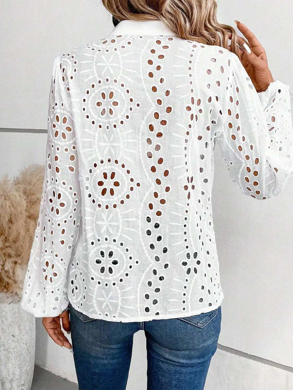 Cutout Notched Long Sleeve Blouse - Trendsi - Flyclothing LLC