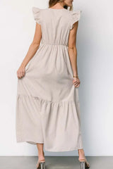 Slit Striped V-Neck Ruffled Cap Sleeve Dress - Trendsi - Flyclothing LLC
