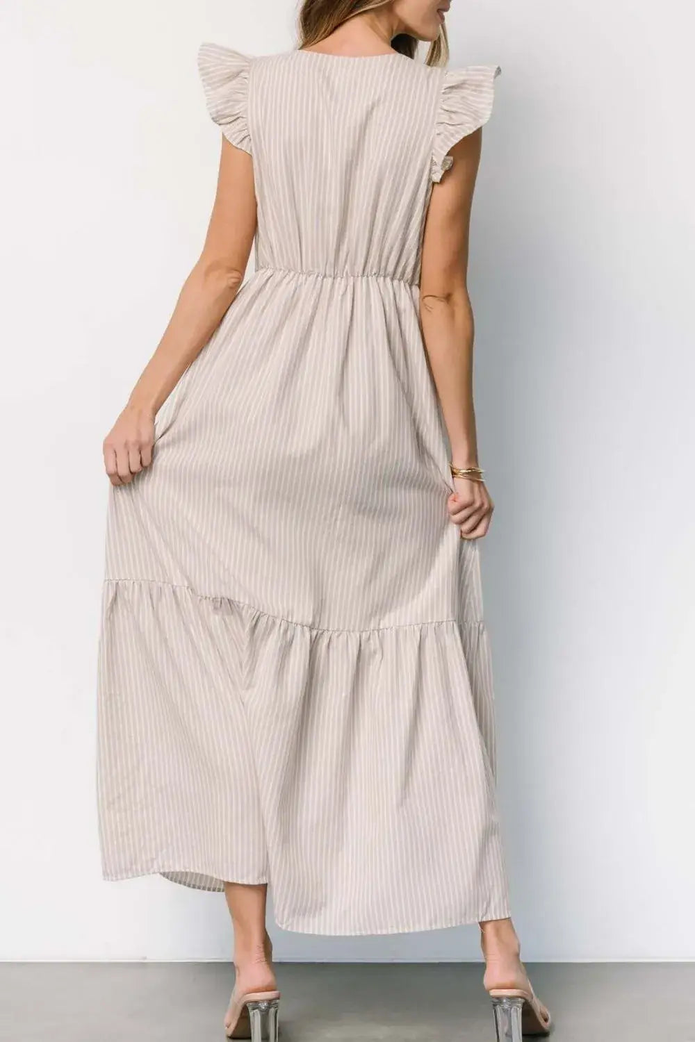 Slit Striped V-Neck Ruffled Cap Sleeve Dress - Trendsi - Flyclothing LLC