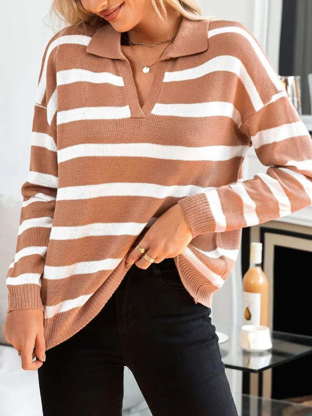Many Striped Johnny Collar Long Sleeve Sweater - Trendsi - Flyclothing LLC