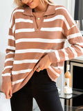 Many Striped Johnny Collar Long Sleeve Sweater - Trendsi - Flyclothing LLC