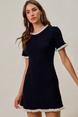 SO ME Contrast Ruffled Sweater Knit Mini Dress - Trendsi - Flyclothing LLC
