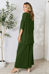 Double Take Full Size Round Neck Slit Top and Pants Set - Trendsi - Flyclothing LLC