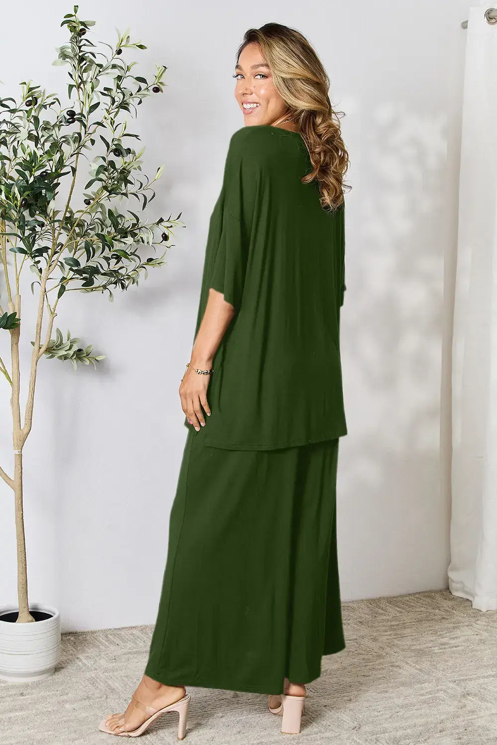 Double Take Full Size Round Neck Slit Top and Pants Set - Trendsi - Flyclothing LLC