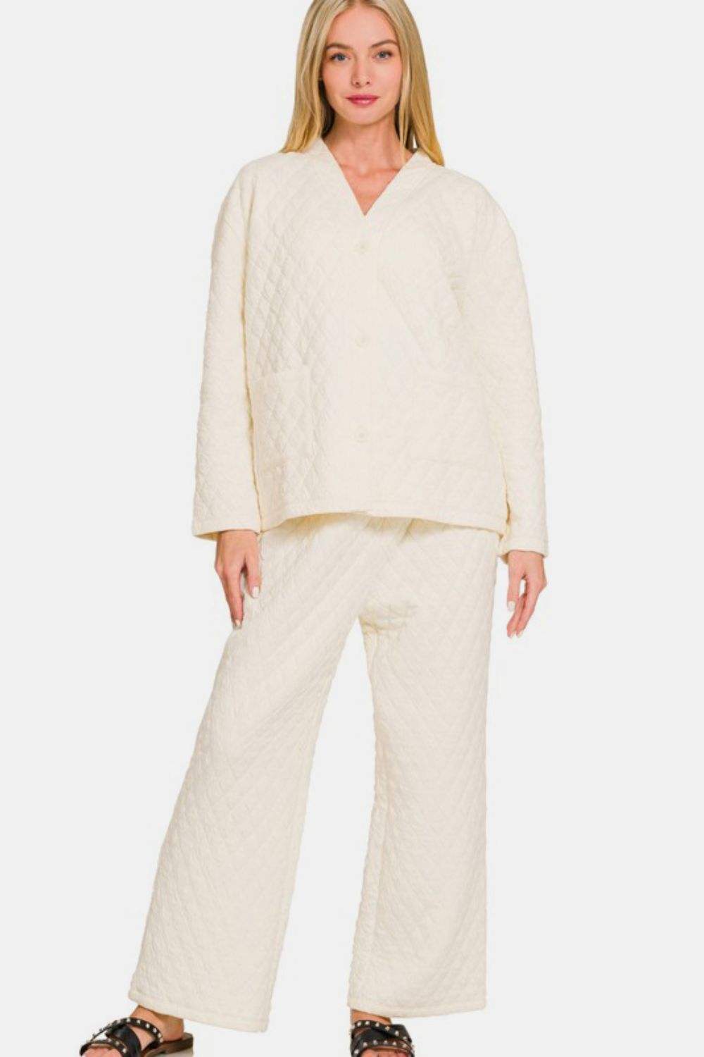 Zenana Quilted Button Up Long Sleeve Top and Pants Lounge Set - Trendsi - Flyclothing LLC