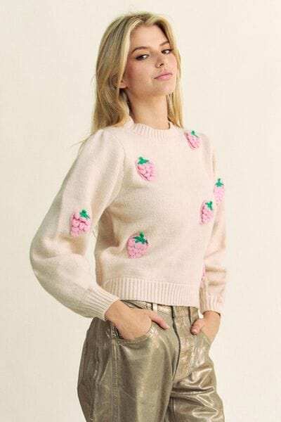 Davi & Dani Crochet Strawberry Round Neck Sweater - Trendsi - Flyclothing LLC