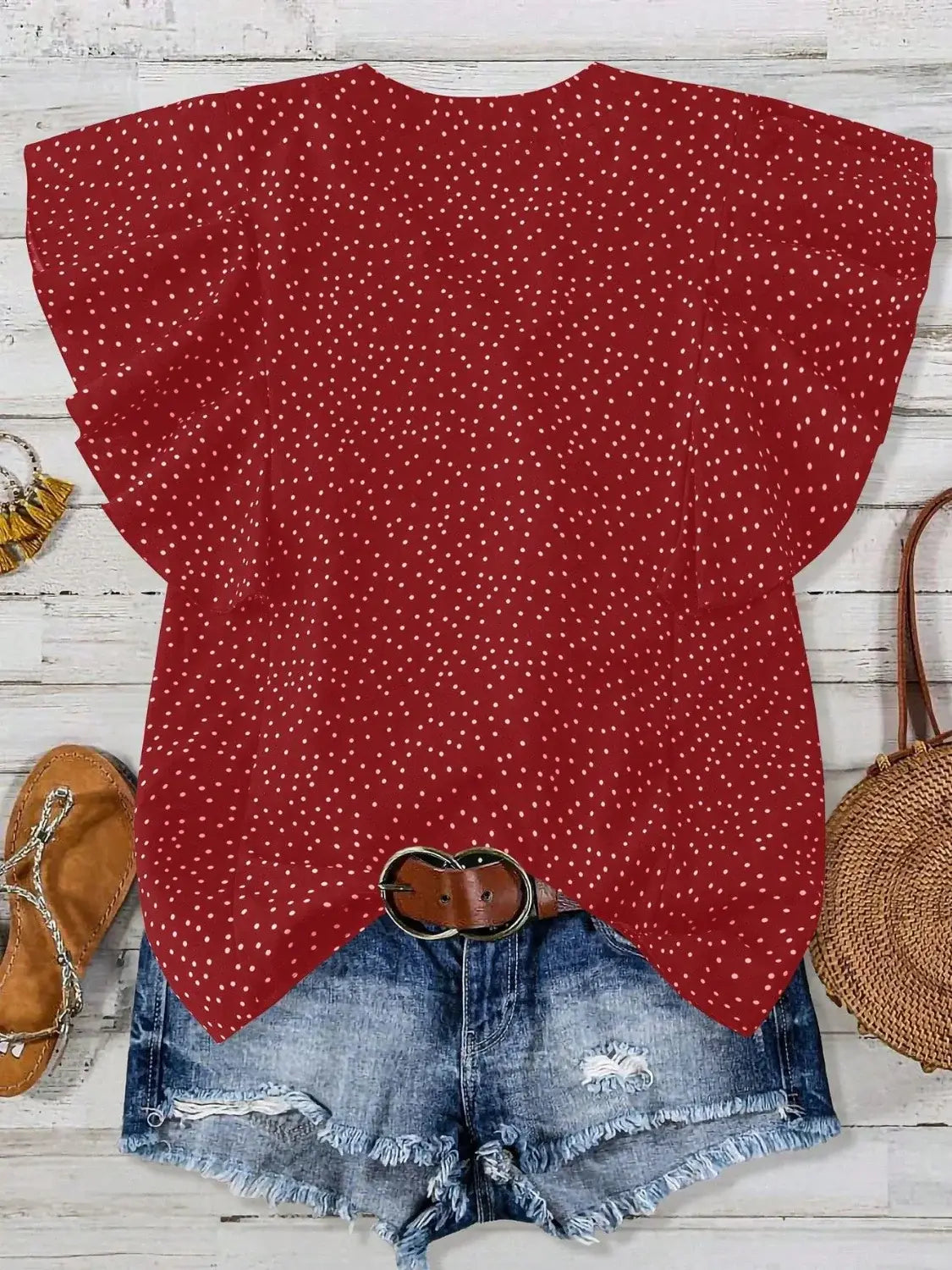 Polka Dot Notched Ruffled Cap Sleeve Blouse - Trendsi - Flyclothing LLC