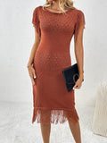 Fringe Openwork Boat Neck Knit Dress - Trendsi