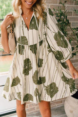 Printed Tie Neck Three-Quarter Sleeve Mini Dress - Trendsi - Flyclothing LLC